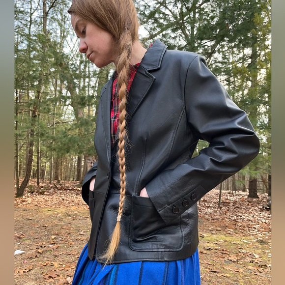 90s Massini Black Genuine Leather Single Button Blazer Jacket Size L - Picture 9 of 16